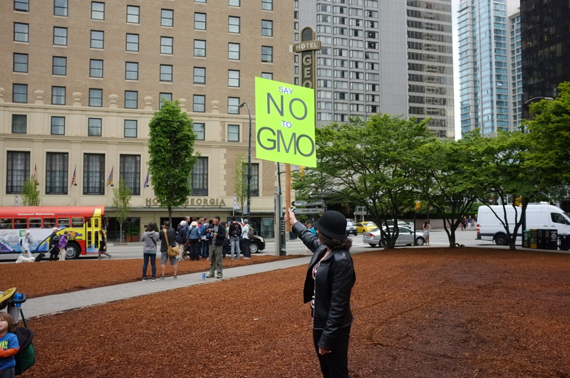 standing, street, vancouver, western script, city, gmo, sign, march, tree, women, people, 4K, incidental people, building, vancouver public library, building exterior