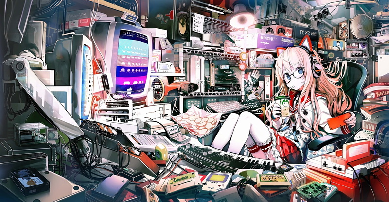 2K, animal ears, nekomimi, anime, blue eyes, glasses, stockings, anime girls, headphones