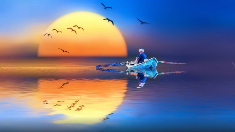 1080P, reflection, lake, sunset, art, hd, flight, fishing, water, camec, ptici