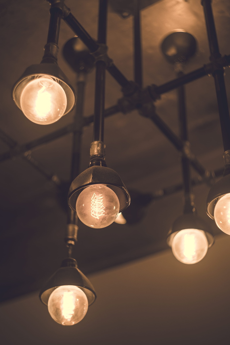 filament, electric lamp, glowing, ceiling, 4K, light fixture, edison, close-up, illuminated, electrical equipment, chandelier, no people, electricity