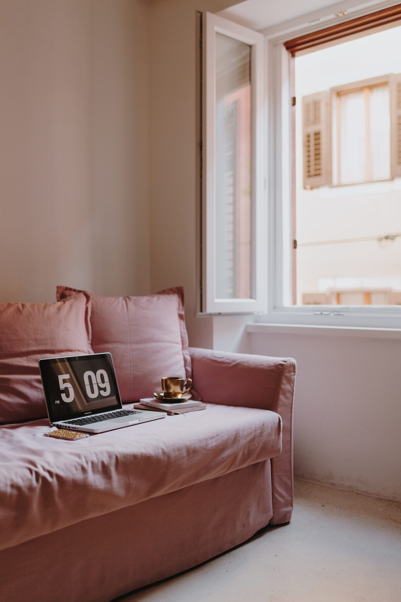 apartment, room, house, bedroom, furniture, home office, cushion, absence, wall - building feature, study, pillow, day, bed, female, pink, 5K, sofa, workplace