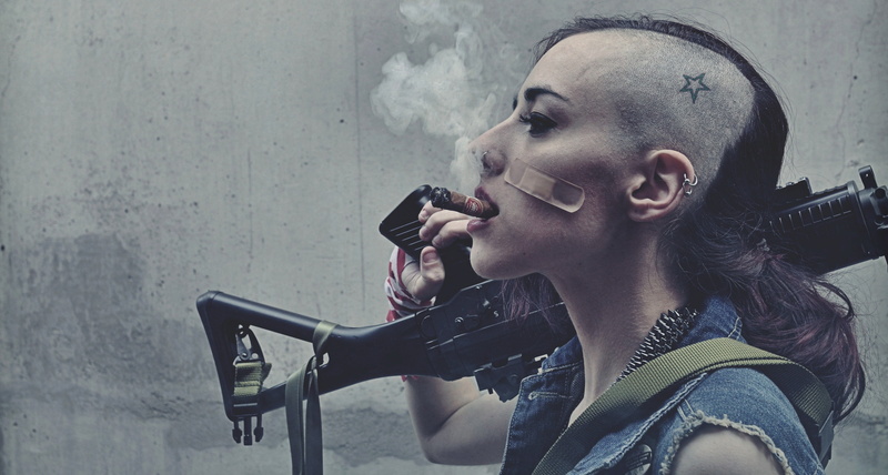Tank Girl, gun, holding, young men, young women, wall - building feature, 4K, side view, architecture, sleeveless, woman, portrait, beautiful woman, denim