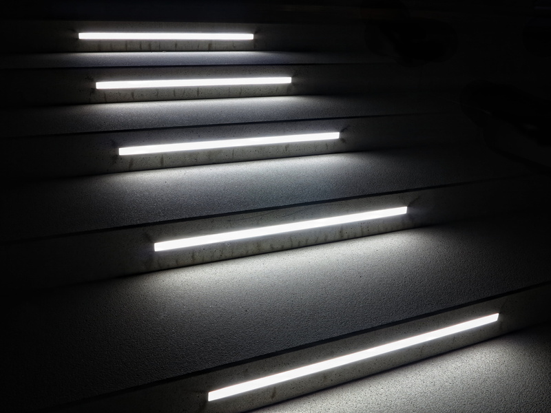 stairs, pattern, steel, night, lights, architecture, domestic Room, step, going up, neon stripe, stripe, 4K, illustration, gray, indoors, dark