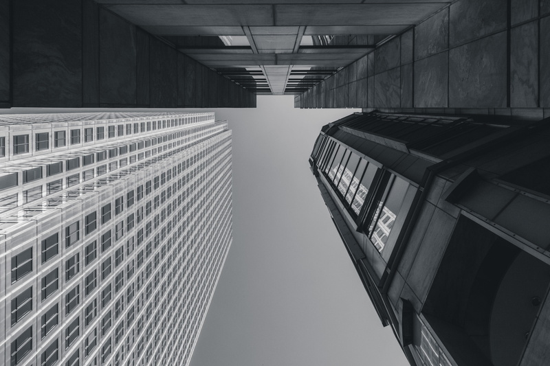 white, architecture, low, black, skyscraper, urban, office, high rise, diminishing perspective, blackandwhite, looking up, tall - high, photography, geometric