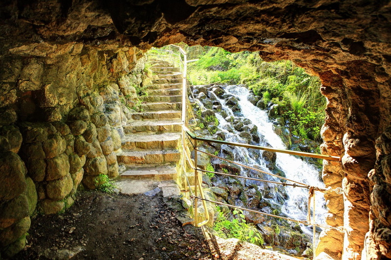 1080P, nature and landscapes, water, cave, stones, path, stairs, creek, waterfall