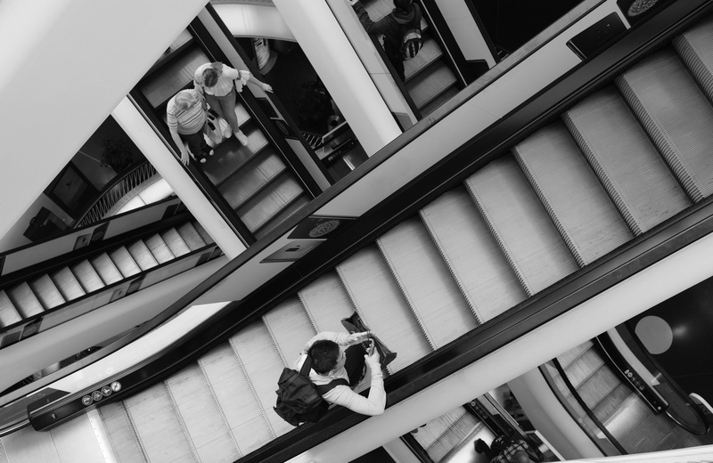 escalators, leisure activity, steps and staircases, low angle view, 5K, structure, real people, routine, architectural column, railing, fujifilm, staircase