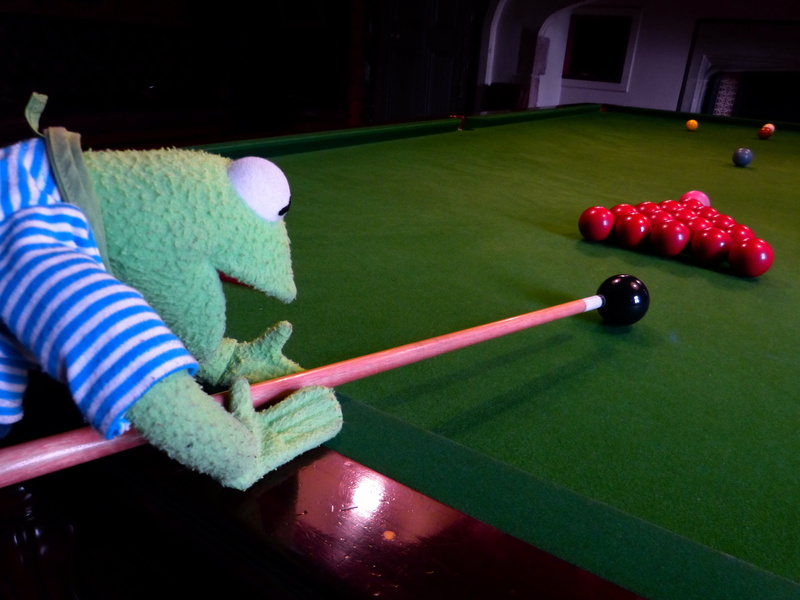 nightlife, ball, pool table, billiards, casual clothing, black, doll, green, frog, table, play, holding, sport, green color, company, leisure games, lifestyles