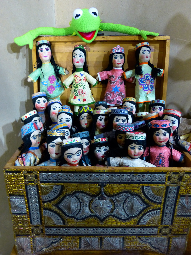 Puppet Theatre, human representation, spirituality, play, art and craft, wall - building feature, female likeness, large group of objects, Dolls, frog