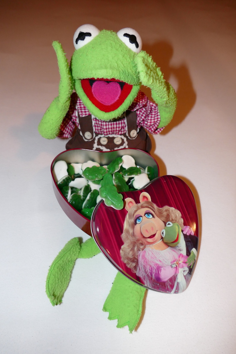 indoors, friends, rubber frogs, frog, cute, female likeness, representation, box, animal, still life, mouth open, kermitt, look forward, human representation