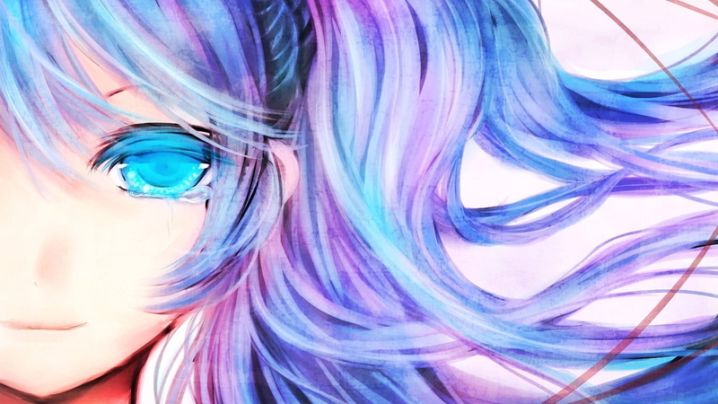 purple, Hatsune Miku, Vocaloid, crying, indoors, white background, anime, human hair, human face, close-up, headshot, adult, 1080P, one person, dyed hair