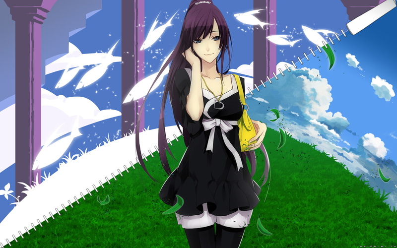 blue eyes, anime girls, black stockings, Monogatari Series, abstract, anime, 720P, white skin, Senjougahara Hitagi, purple hair, fan art, black dress