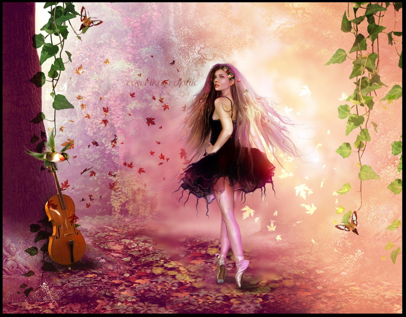 wearing, fantasy, pretty, lips, red, hair, dress, painting, woman, sweet, women, dancer, violin, flowers, leaves, flutter, digital art, 1080P, near, eyes