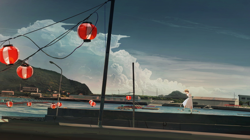 anime, cloud - sky, outdoors, dock, red, mode of transportation, architecture, nautical vessel, glass - material, nature, day, anime girls, transportation
