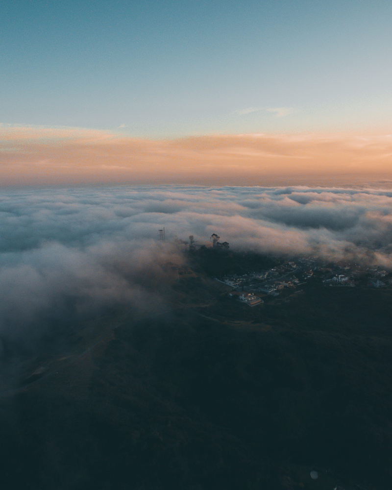 fog, weather, beauty in nature, scenics - nature, cloud, marine layer, california, drone, majestic, landscape, above, copy space, mist, outdoors, high
