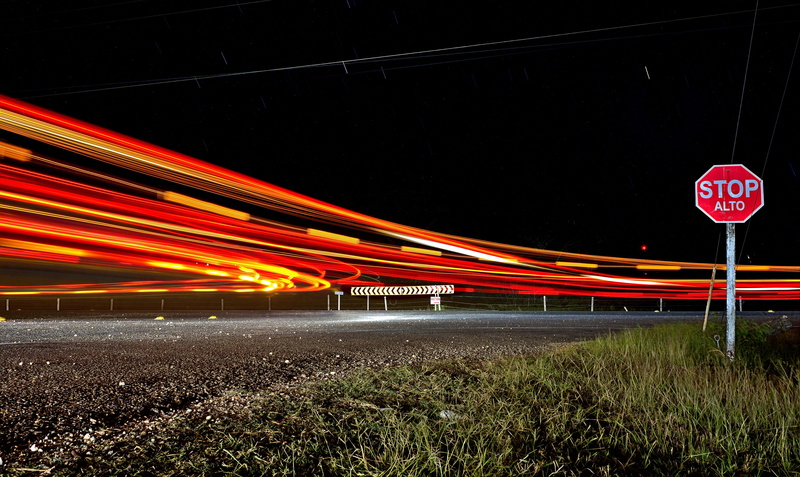 outdoors, architecture, no people, sky, illuminated, cars, split up, road sign, speed, busy, traffic, motion, sign, 5K, red, text, night, transportation