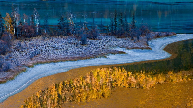 China, split view, reflection, snow, 1080P, forest, Dirt Road, nature, Trees, landscape, water, lake, winter, Fall, National Park