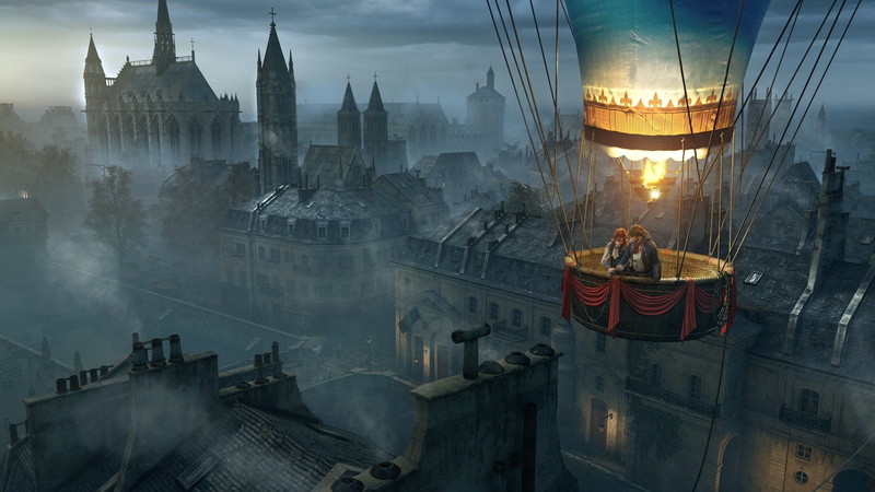 sky, tourism, building, Assassins Creed: Unity, place of worship, woman, ride, religion, adult, balloon, two, tower, air, spirituality, travel, digital composite