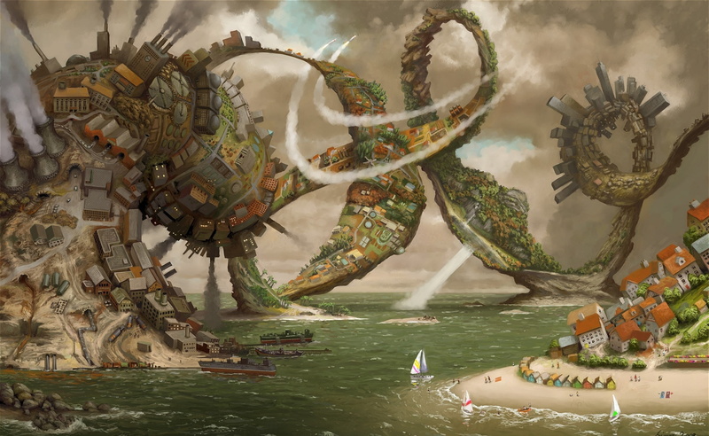 world, illustration, game, built structure, amusement park, outdoors, industry, art and craft, nautical vessel, lake, 2K, no people, digital composite