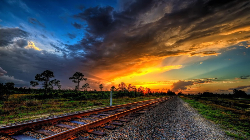 tracks, horizon, sunset, 1080P, train tracks