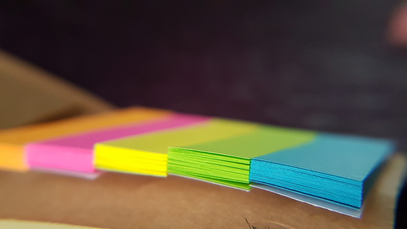 indoors, close-up, sticky, no people, copy space, writing instrument, colors, notepaper, focus on foreground, communication, pink color, shape, green color