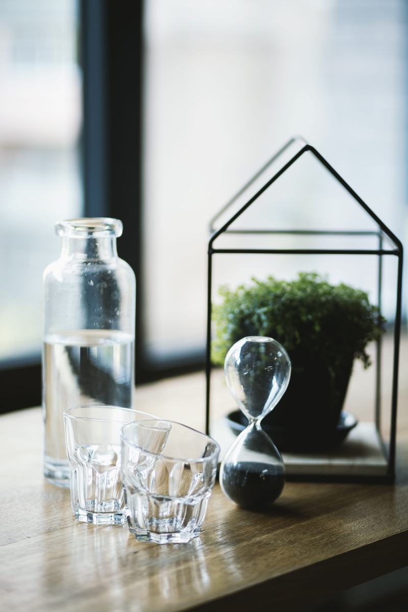 indoors, table, brown, room, glasses, 5K, wood, glass - material, no people, window, drinking glass, food and drink, glass, container, water bottle, focus on foreground