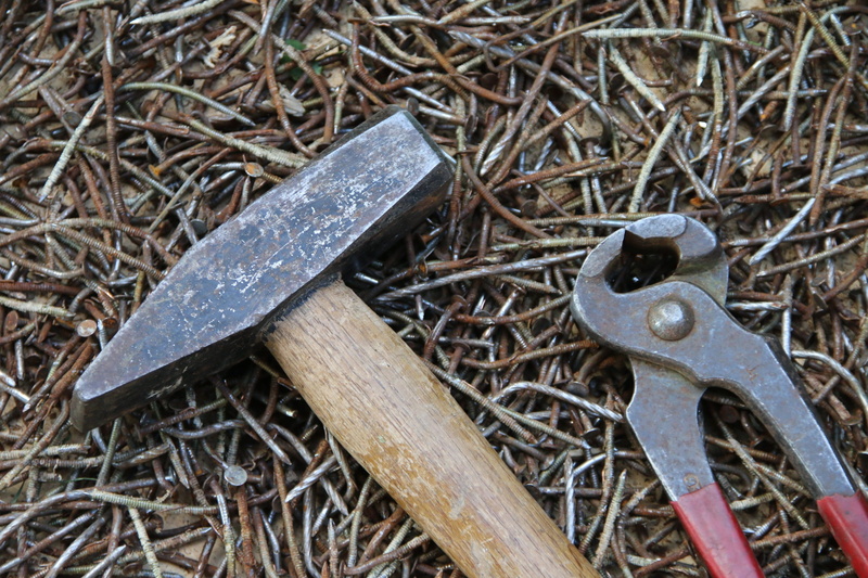 work, tool, close-up, equipment, hammer, spanner, 2K, nails, field, hand tool, high angle view, still life, abandoned, old worn out, rusty, metal, old