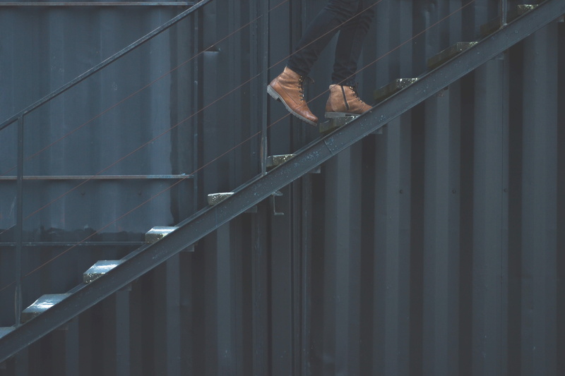 trapped, railing, boots, brown, wall - building feature, lines, architecture, crates, black, building, minimalist, walk, 4K, building exterior, built structure