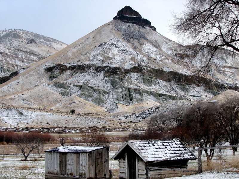 usa, mountain range, snow, architecture, building, plant, john day, cold temperature, scenics - nature, john day fossil beds, 2K, building exterior, lava