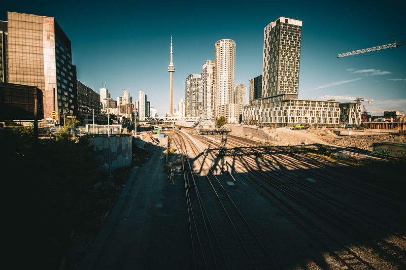 office building, railroad track, rails, railway, urban, city, building exterior, tall - high, transportation, cityscape, skyscraper, rail transportation