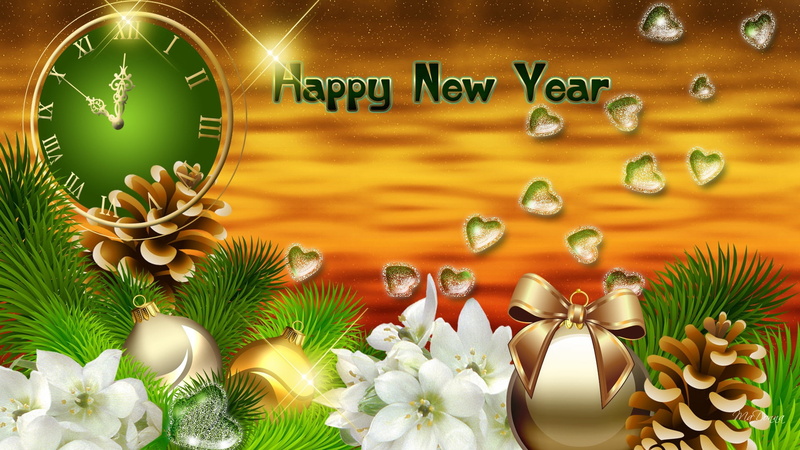 new, d, Firefox Persona, art, year, abstract, clock, 1080P, gold, happy, hd, cg, Flowers, ball, gold pine cones