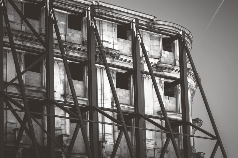 low angle view, built structure, construction site, renovation, residential district, window, old, railing, 5K, day, housebuilding, restore, sky, raw