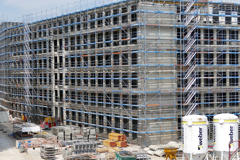 scaffold, shell, office building exterior, cologne, housebuilding, day, snow, scaffolding, outdoors, steel, 5K, office, skyscraper, build, modern, construction work