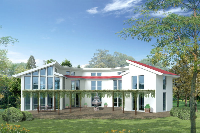 building exterior, single family home, cloud - sky, concrete, lawn, cgi, front or back yard, surrounded, green color, villa, sunlight, cottage, trees, sky