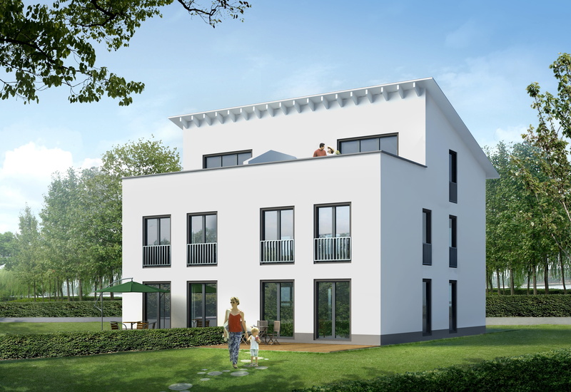 visualization 3d, sky, lifestyles, residential district, lawn, 4K, built structure, outdoors, men, building, building exterior, day, tree, rendering, females
