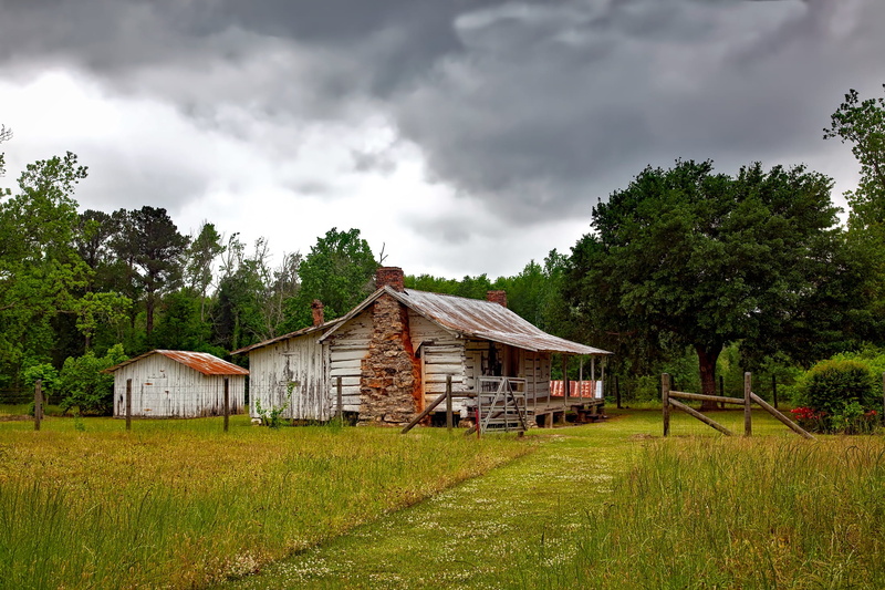 green color, old, building, cloud - sky, overcast, farmhouse, log cabin, plant, woods, land, sky, Rural, hut, meadow, tree, built structure, house, rural scene