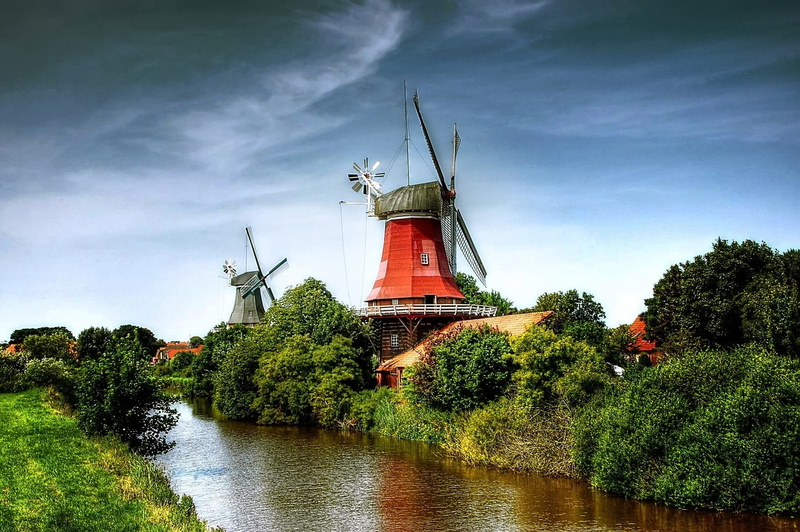near, windmill, no people, tree, cloud - sky, clouds, wind turbine, architecture, grassland, trees, fuel and power generation, northern germany, turbine