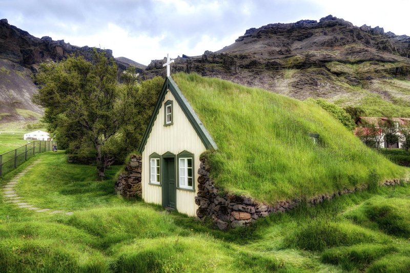 Countryside, growth, 1080P, Hof, grass, land, nature, house, building exterior, Mountain, Church, Iceland, green color, HDR, scenics - nature, plant, sky