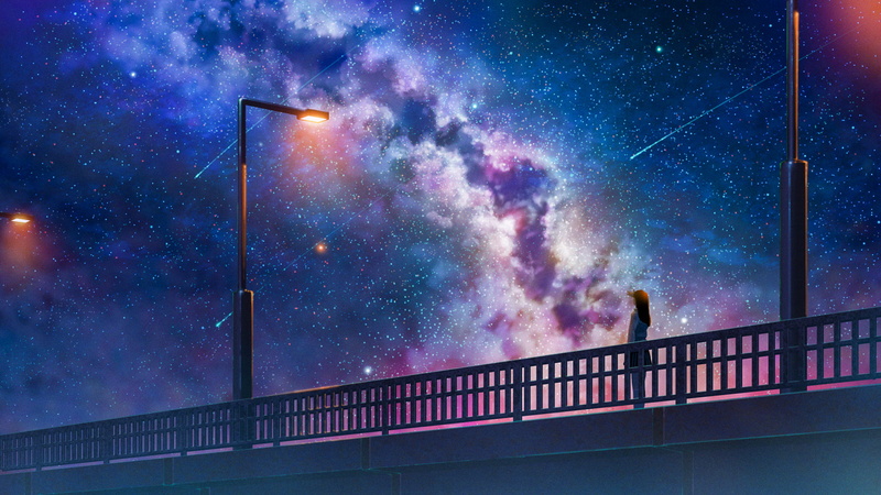 shooting stars, artwork, illustration, starry night, drawing, lantern, original characters, stars, bridge, anime, landscape, night, anime girls, sky, 1080P