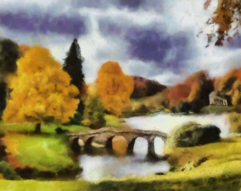 tree, sky, Landscape, art, 2K, Artistic, transportation, Painting, environment, plant, flower, Bridge, yellow, surrounded, Autumn, no people, Fall, day