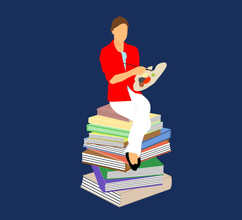 woman, fun, paper, red, become artist, concept, books, blue, conceptual, stack, representation, knowledge, illustration, 1080P, indoors, female, decorative