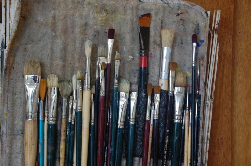 paint, silver colored, close-up, art and craft equipment, workshop, arrangement, high angle view, color, choice, craft, chisel, blue, variation, imagine
