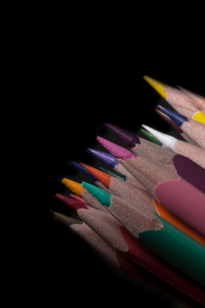 paint, school, indoors, variation, still life, high angle view, wooden pegs, art and craft, close-up, pencil, in a row, black background, color, 2K, choice