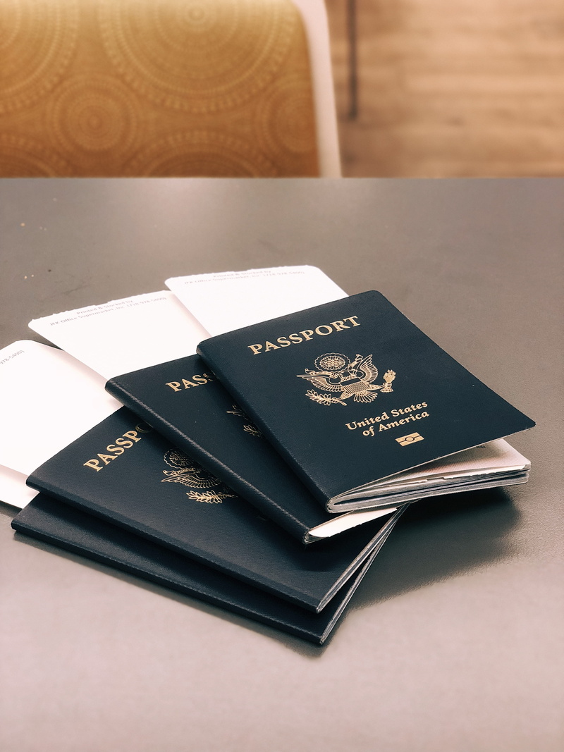 connector, ticket, script, education, travel, business card, high angle view, green, gold colored, group of objects, american passport, 4K, book, stack