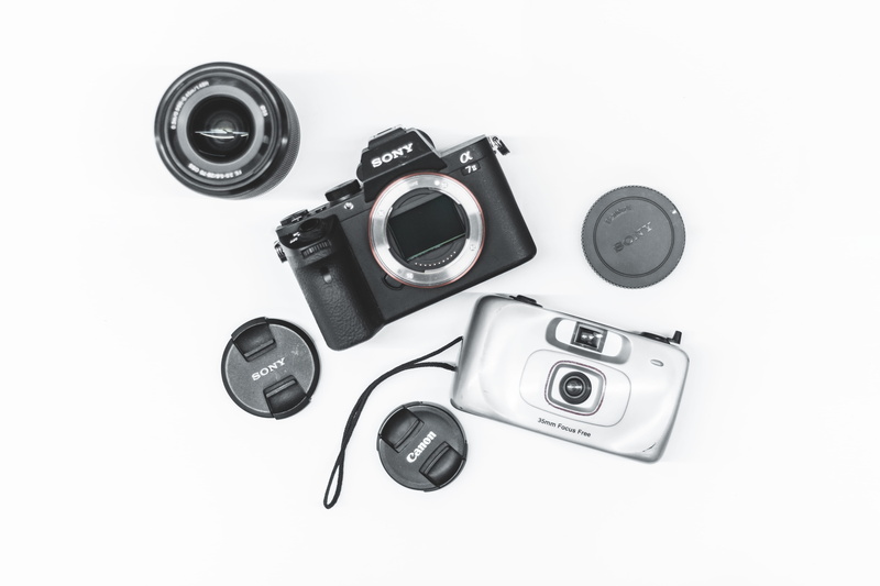nostalgia, still life, group of objects, electronics, technology, variation, cut out, music, brake, slr camera, camera, camera lens, sony, alpha, adapter