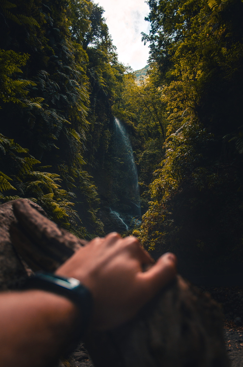 explore, sun, green, adventure, mountain, neture, waterfalls, beauty In Nature, scenics, relaxation, journey, adult, waterfall, woodland, rock - Object
