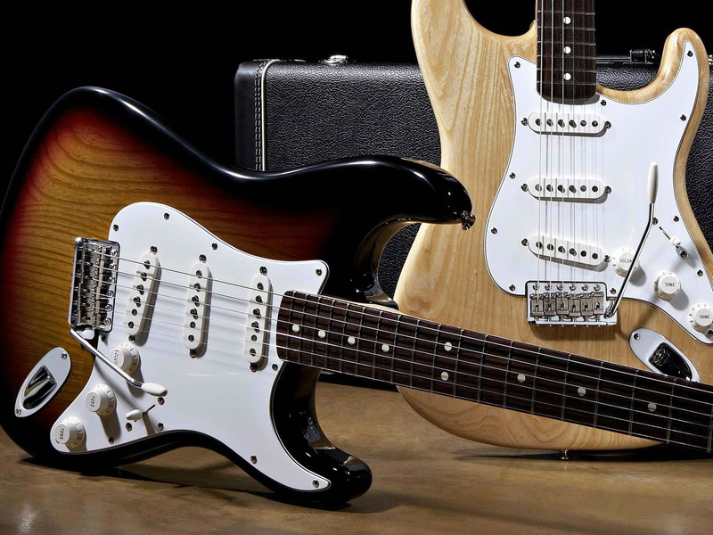 stratocaster, two, electric guitar, electric, wood - material, amplifier, guitar, modern rock, 720P, black, studio shot, indoors, string, no people, fender