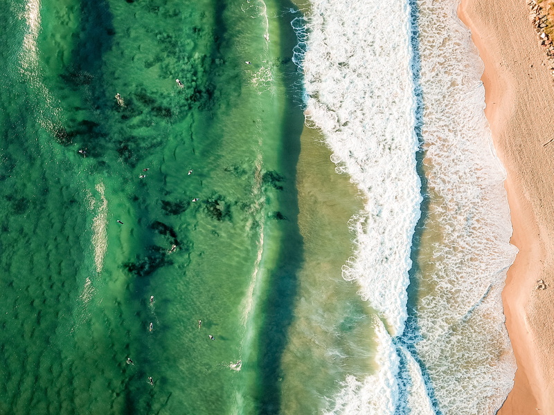 sport, high angle view, motion, outdoors, birds eye view, ocean, surf, coast, aquatic sport, land, wave, seashore, people, surfing, 4K, aerial photography