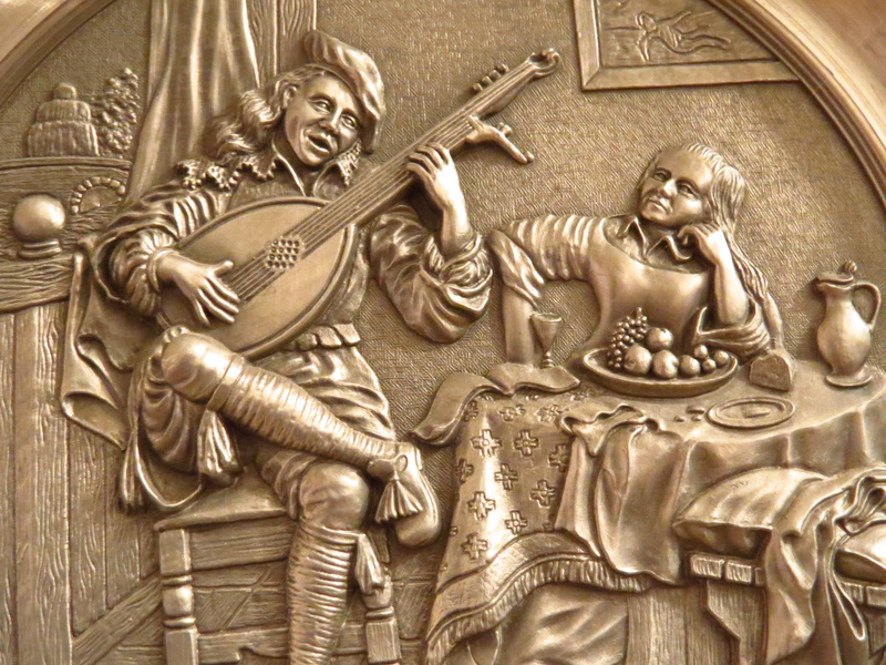religion, playing, art and craft, minstrel, history, wall plate, silver, golden, relief, iron, built structure, sculpture, bas relief, gold colored, human representation