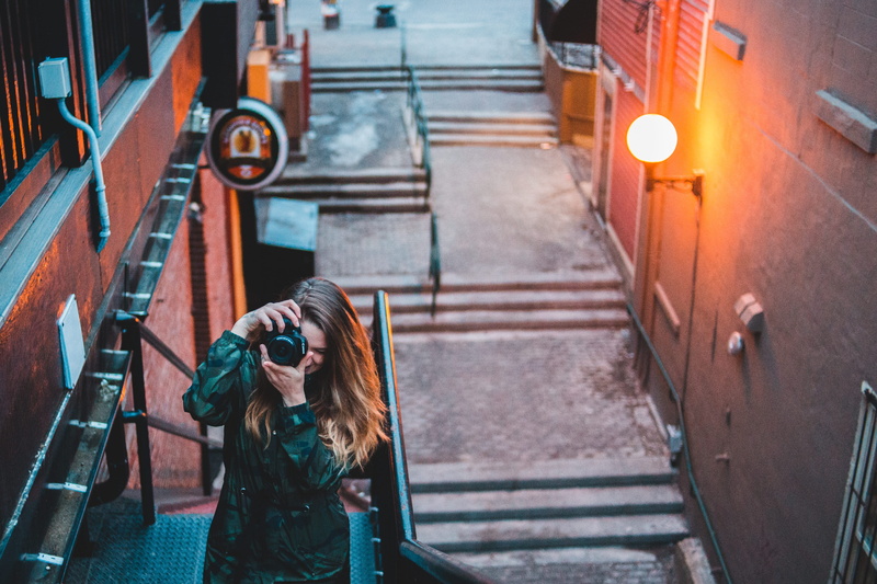 activity, stairs, sport, digital single-lens reflex camera, pedestrian, built structure, outdoors, handrail, human, taking, person, young women, photographer