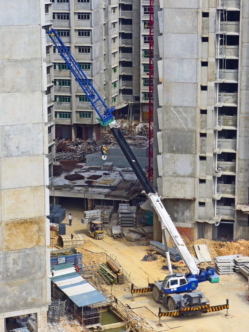 day, land vehicle, construction equipment, built structure, singapore, housing, city, 4K, building site, industry, lifting, construction site, men at work